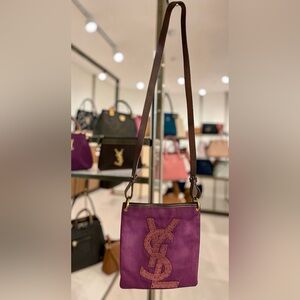 YSL Vintage Purple Crossbody Bag with Brown Leather Logo